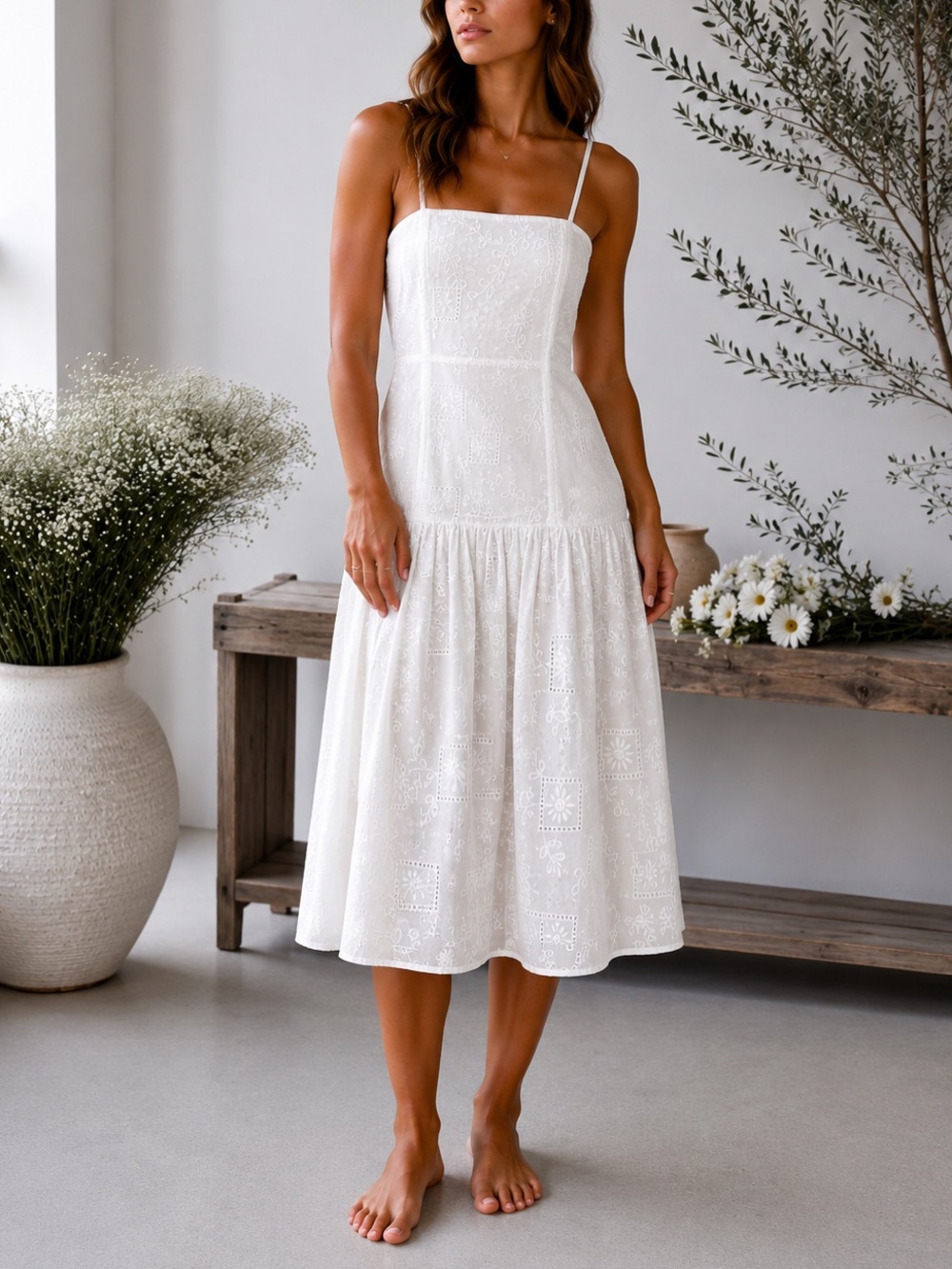 Anthropologie ADELYN RAE Patricia Eyelet Cotton Midi Dress in White Size M